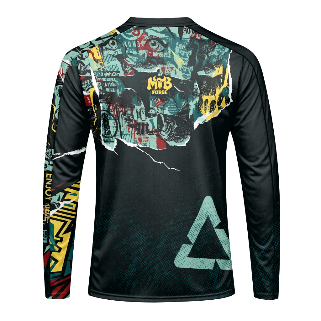 Santa Cruz Graphic Collage Black Teal Long Sleeve Mountain Bike Jersey – Back View Mockup