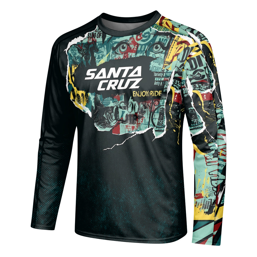 Santa Cruz Graphic Collage Black Teal Long Sleeve Mountain Bike Jersey – Left Side View Mockup