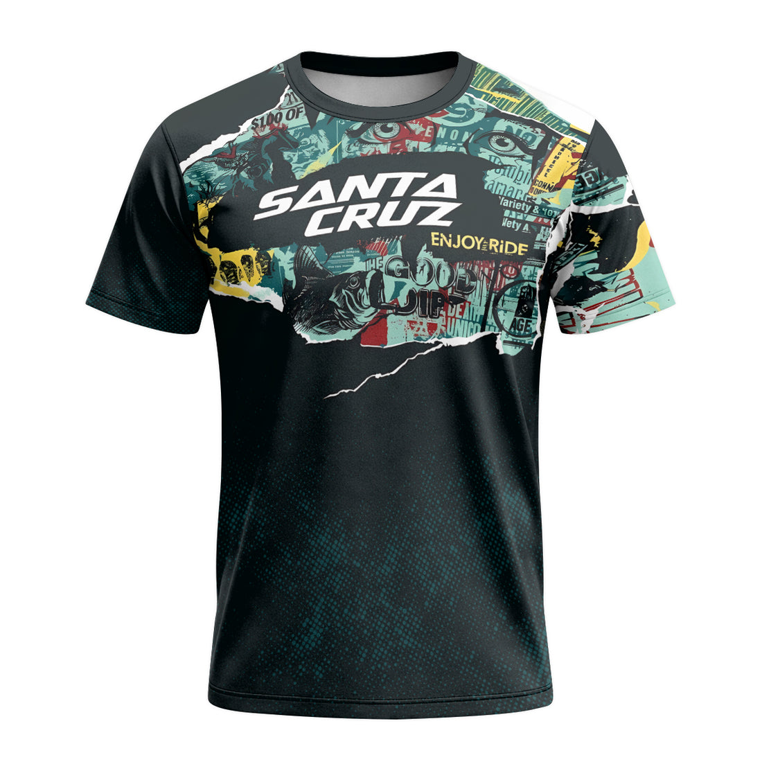 Santa Cruz Graphic Collage Black Teal Short Sleeve Mountain Bike Jersey – Front and Back View