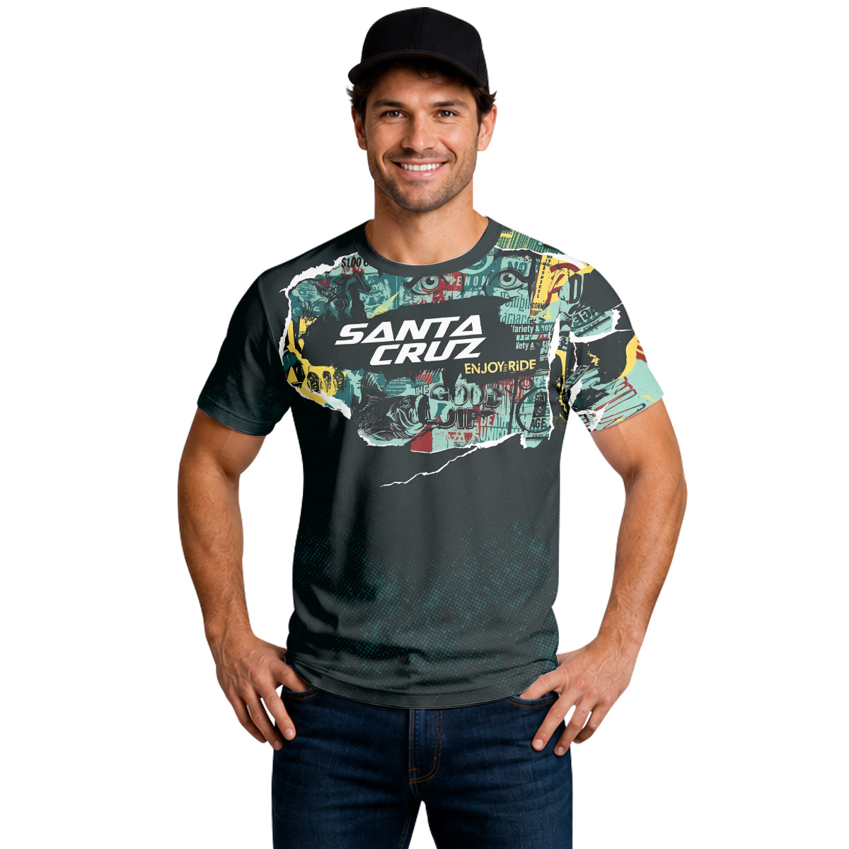 Santa Cruz Graphic Collage Black Teal Short Sleeve Mountain Bike Jersey – Lifestyle View
