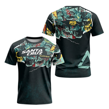 Santa Cruz Graphic Collage Black Teal Short Sleeve Mountain Bike Jersey – Front and Back View