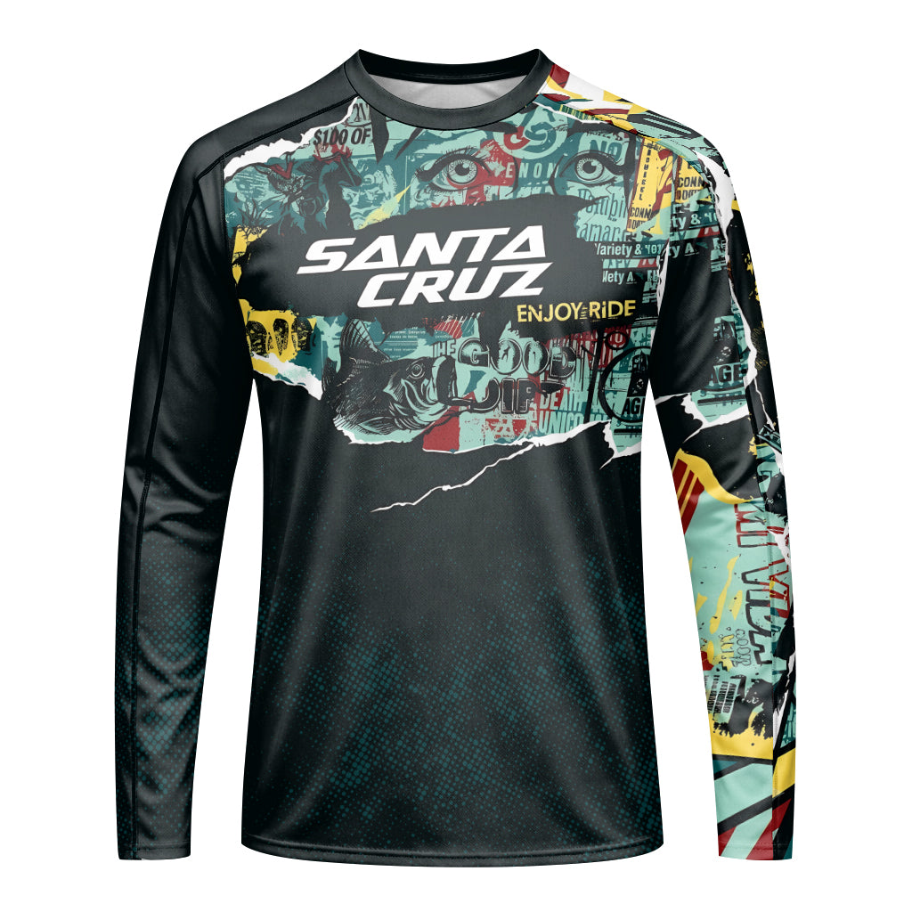 Santa Cruz Graphic Collage Black Teal Youth Long Sleeve Mountain Bike Jersey – Front View Mockup