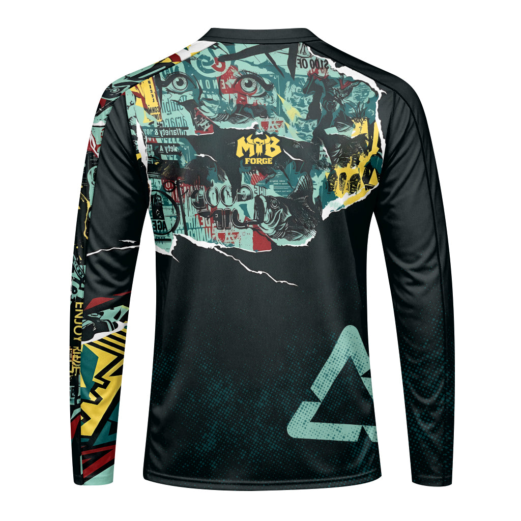 Santa Cruz Graphic Collage Black Teal Youth Long Sleeve Mountain Bike Jersey – Back View Mockup