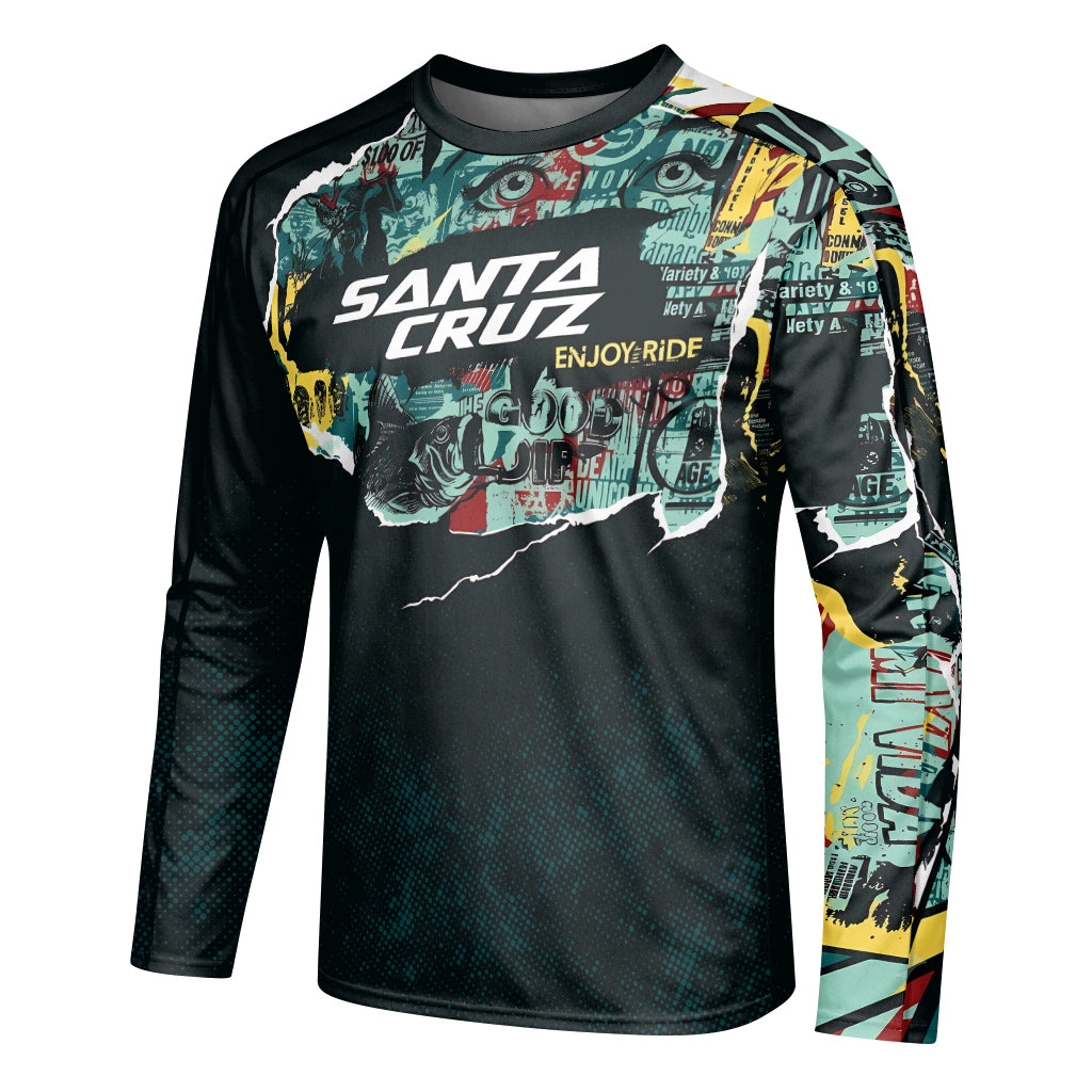 Santa Cruz Graphic Collage Black Teal Youth Long Sleeve Mountain Bike Jersey – Left Side View Mockup