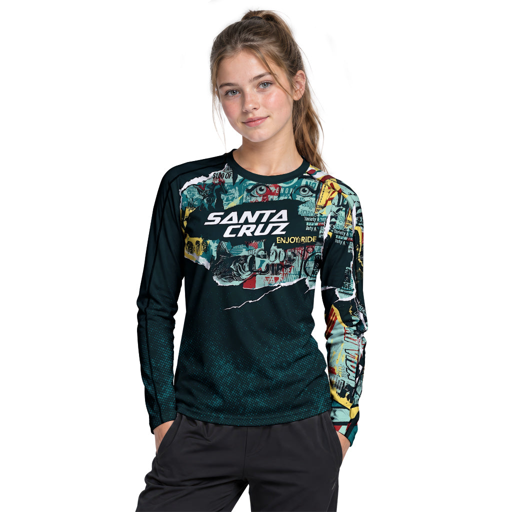 Santa Cruz Graphic Collage Black Teal Youth Long Sleeve Mountain Bike Jersey – Girl Lifestyle View