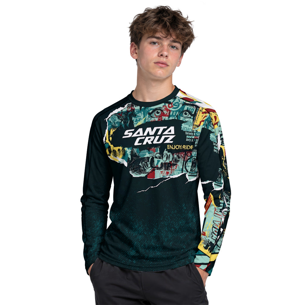 Santa Cruz Graphic Collage Black Teal Youth Long Sleeve Mountain Bike Jersey – Girl Lifestyle View