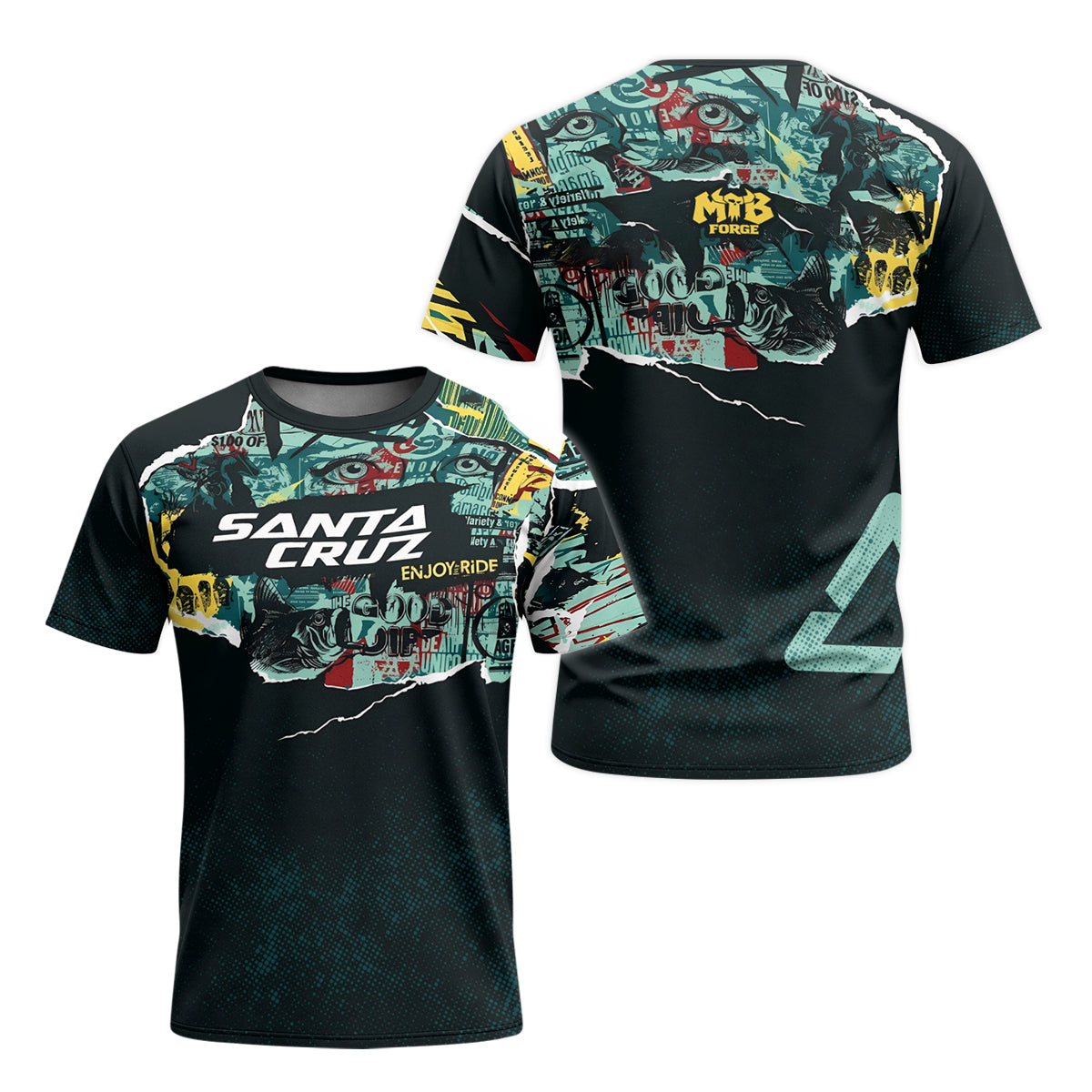 Santa Cruz Graphic Collage Black Teal Youth Short Sleeve Mountain Bike Jersey – Front and Back View