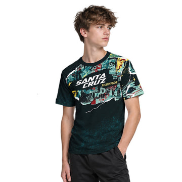 Santa Cruz Graphic Collage Black Teal Youth Short Sleeve Mountain Bike Jersey – Boy Lifestyle View