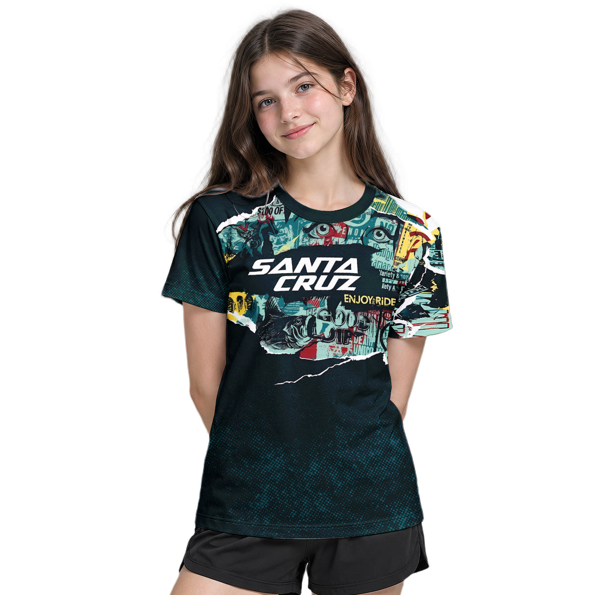 Santa Cruz Graphic Collage Black Teal Youth Short Sleeve Mountain Bike Jersey – Girl Lifestyle View