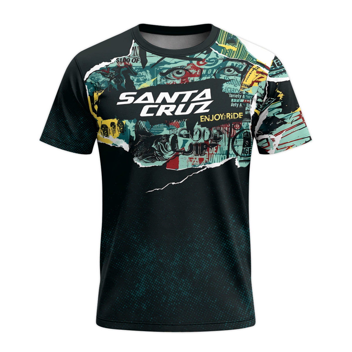 Santa Cruz Graphic Collage Black Teal Youth Short Sleeve Mountain Bike Jersey – Front View Mockup