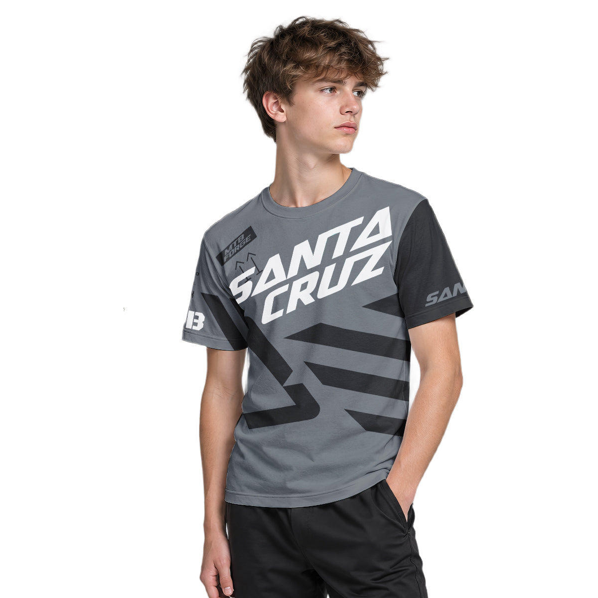 Santa Cruz Gray Black Factory Youth Short Sleeve Mountain Bike Jersey – Boy Lifestyle View