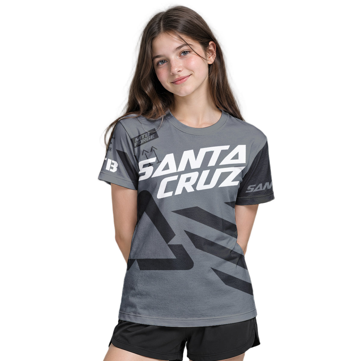 Santa Cruz Gray Black Factory Youth Short Sleeve Mountain Bike Jersey – Girl Lifestyle View