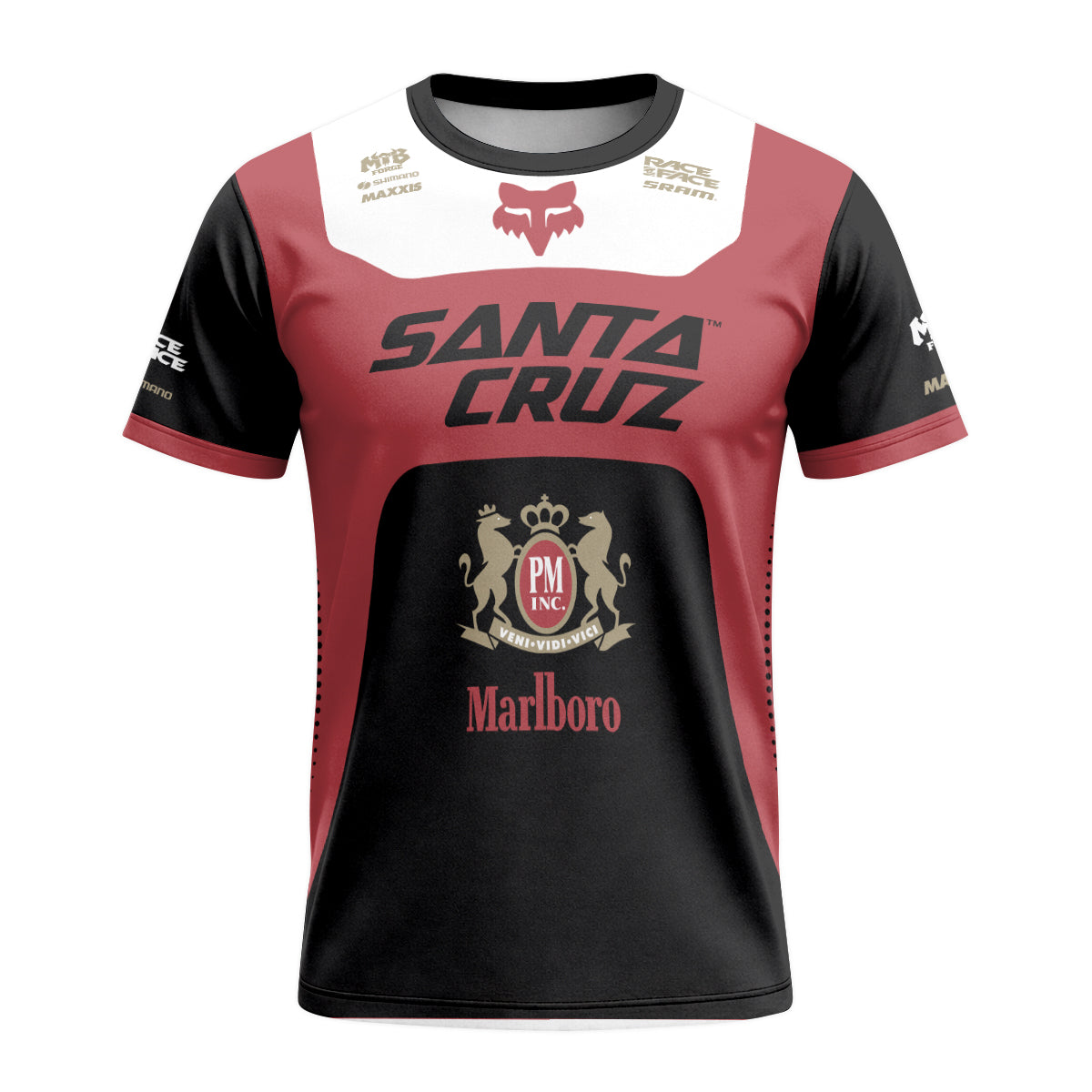 Santa Cruz Marlboro Red Black Factory Short Sleeve Mountain Bike Jersey - front view mockup