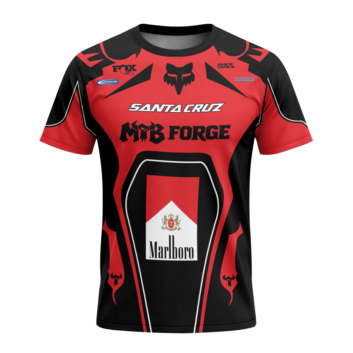 Santa Cruz Marlboro Red Black Short Sleeve Mountain Bike Jersey - front view mockup