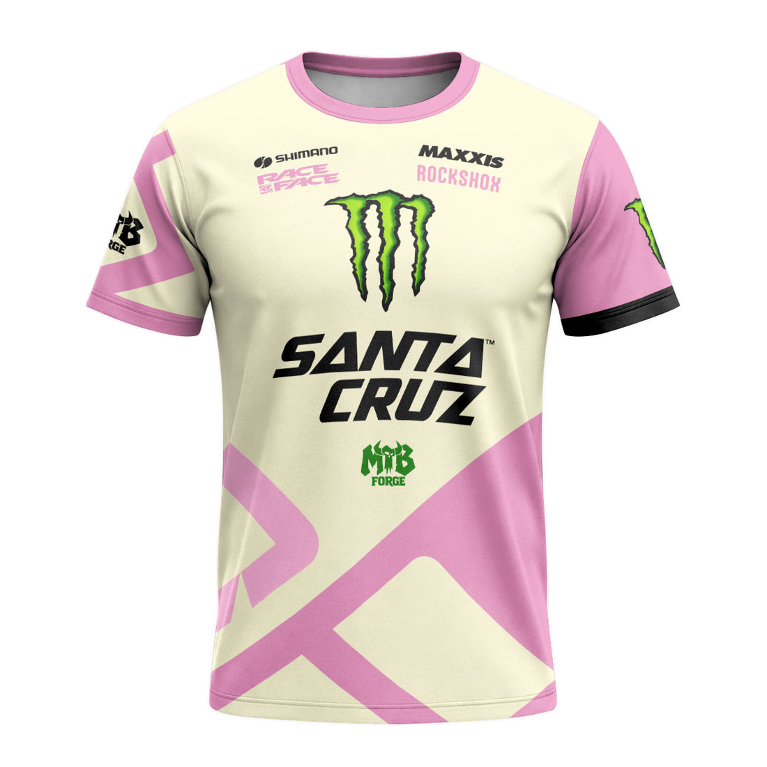 Santa Cruz Monster Energy Cream Pink Short Sleeve Mountain Bike Jersey - front and back view