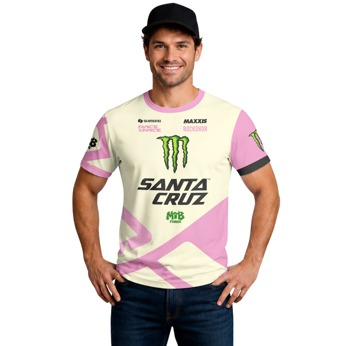 Santa Cruz Monster Energy Cream Pink Short Sleeve Mountain Bike Jersey - lifestyle view