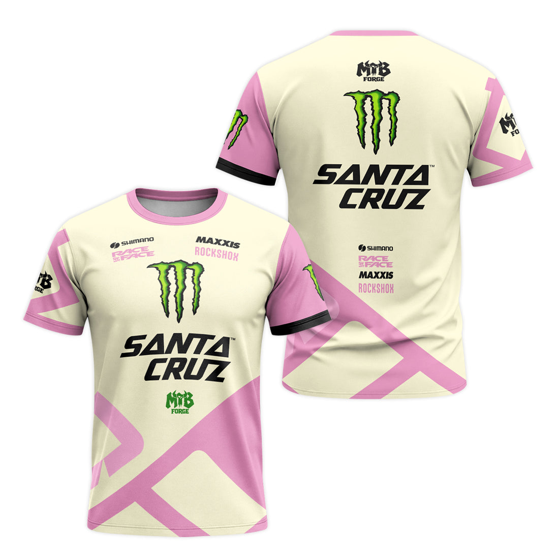 Santa Cruz Monster Energy Cream Pink Short Sleeve Mountain Bike Jersey - front and back view