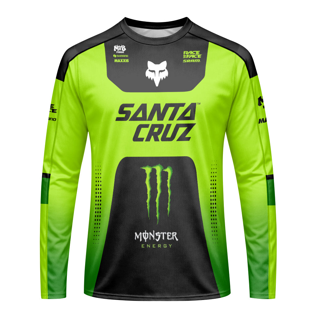 Santa Cruz Monster Energy Neon Green Black Factory Long Sleeve Mountain Bike Jersey - front view mockup
