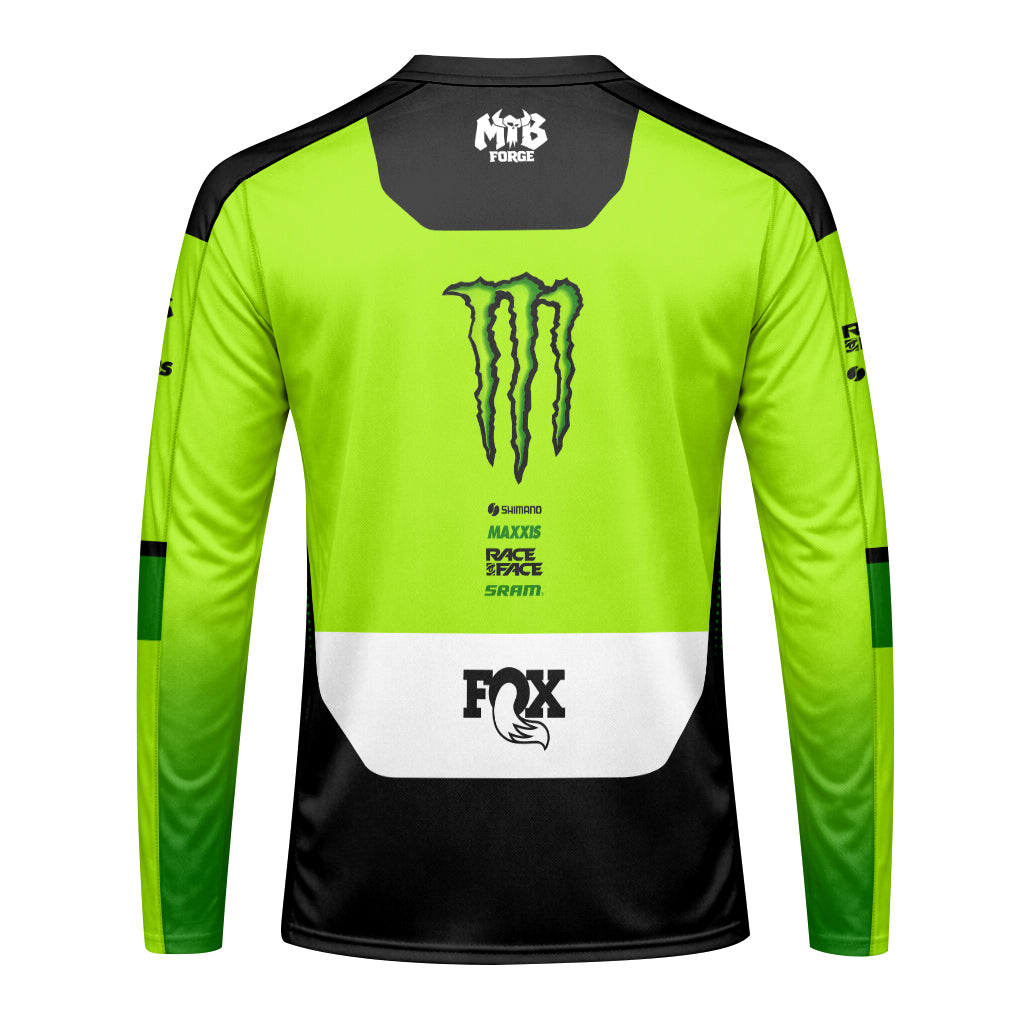 Santa Cruz Monster Energy Neon Green Black Factory Long Sleeve Mountain Bike Jersey - back view mockup