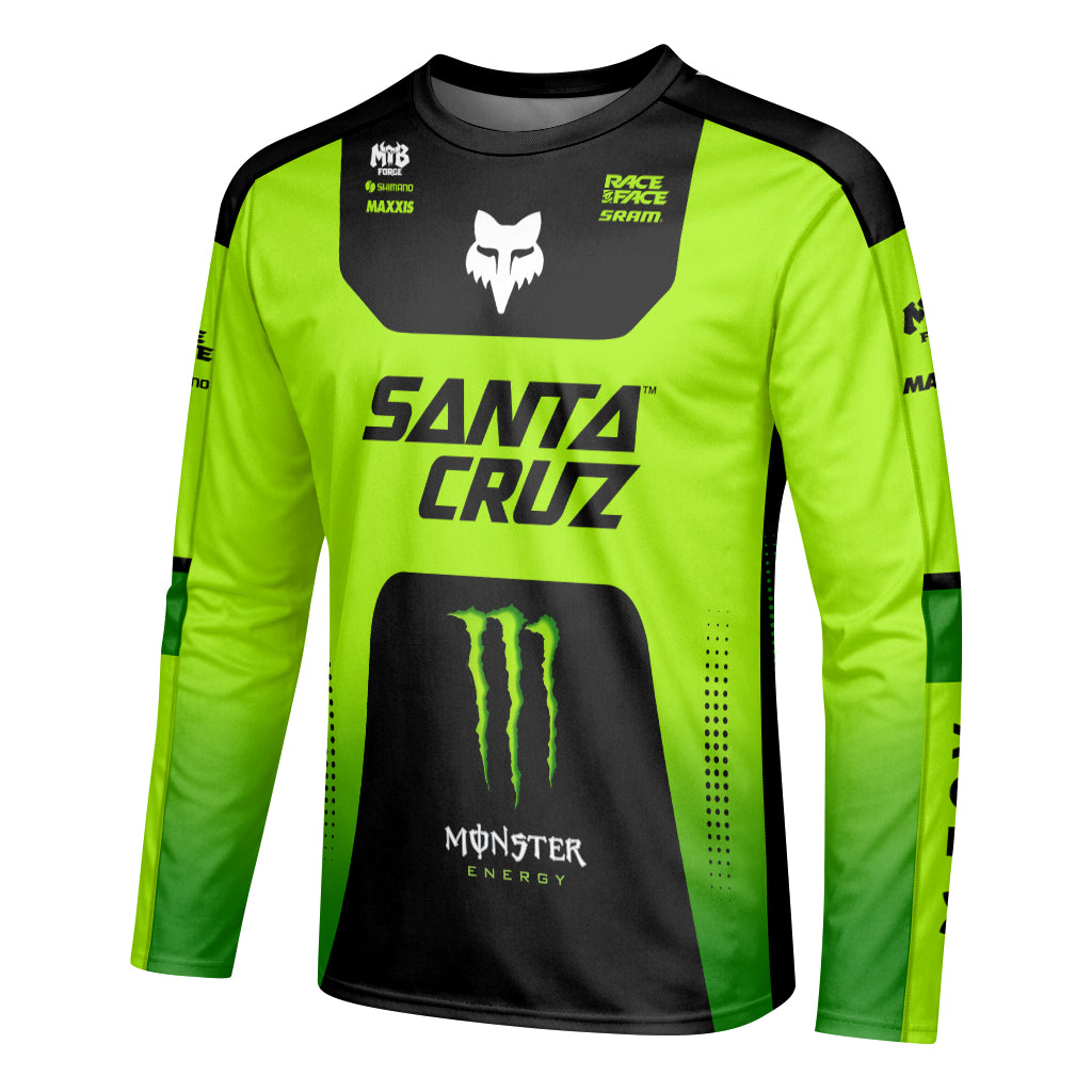 Santa Cruz Monster Energy Neon Green Black Factory Long Sleeve Mountain Bike Jersey - left side mockup