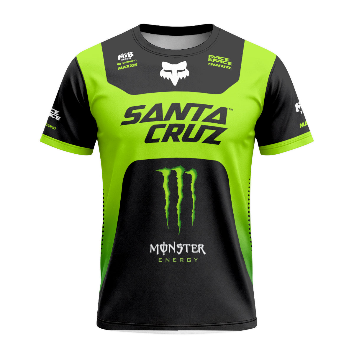 Santa Cruz Monster Energy Neon Green Black Factory Short Sleeve Mountain Bike Jersey - front view mockup