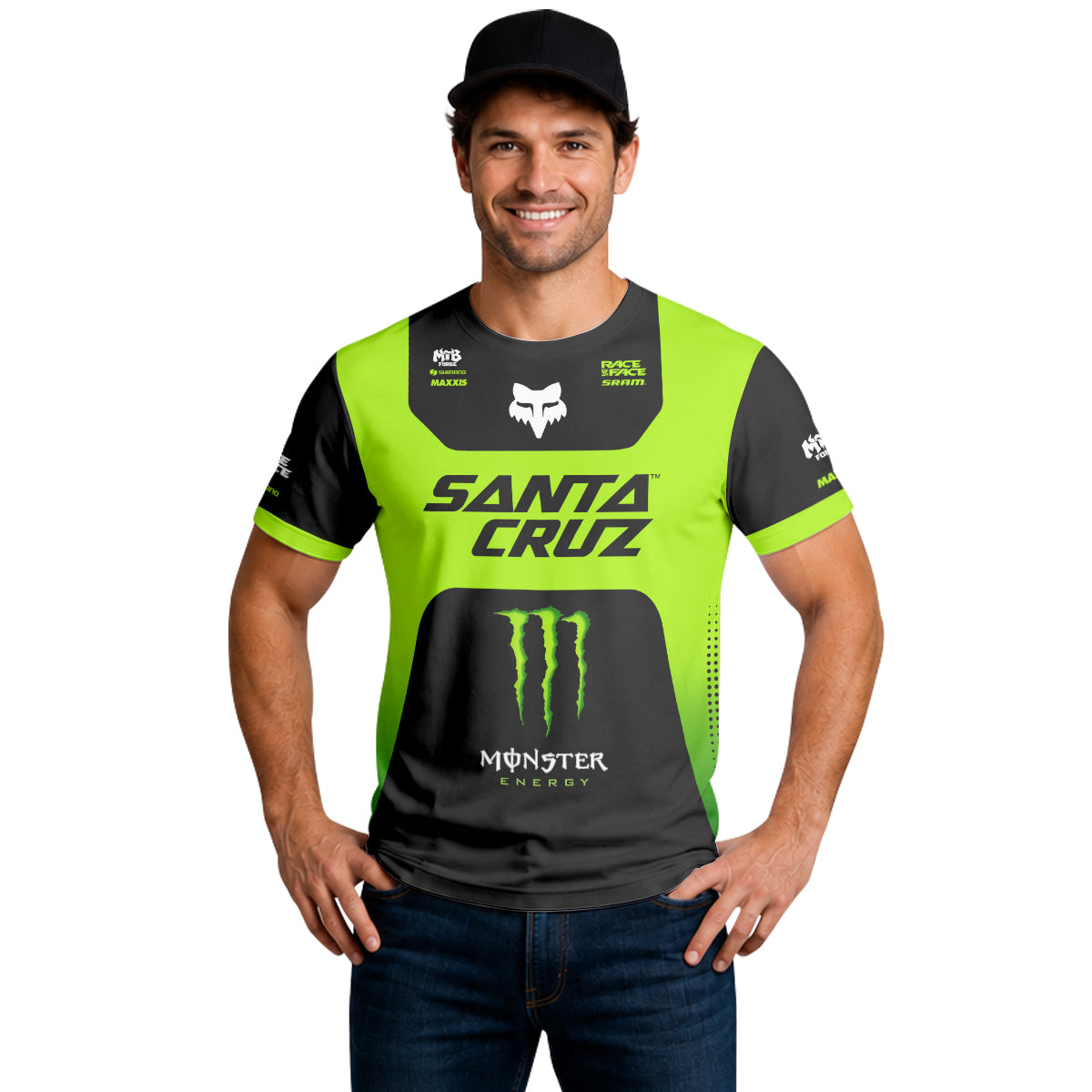 Santa Cruz Monster Energy Neon Green Black Factory Short Sleeve Mountain Bike Jersey - lifestyle view