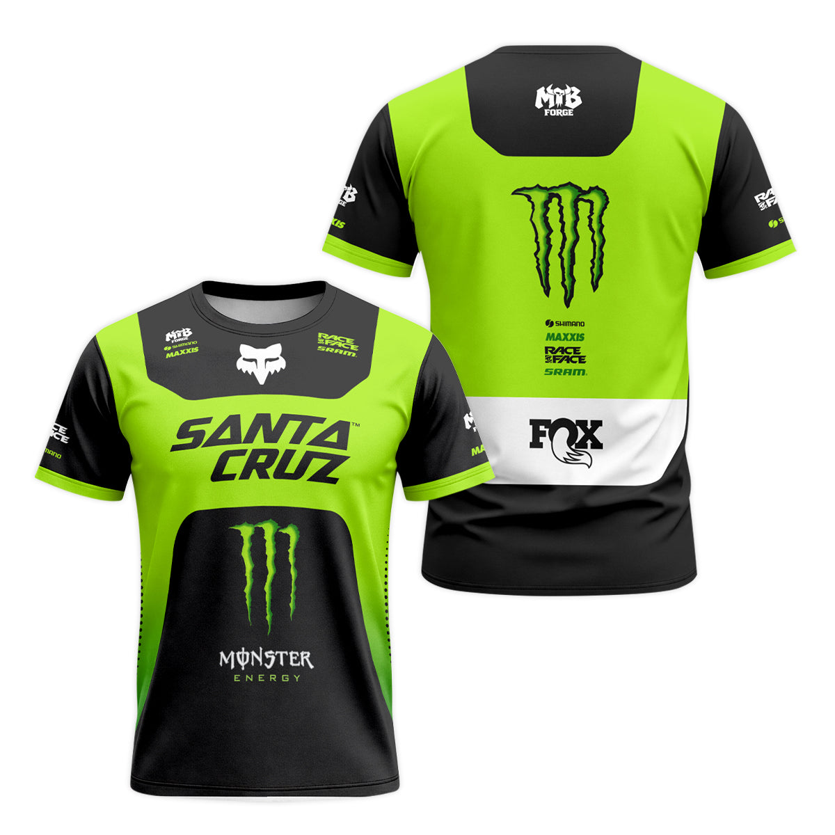 Santa Cruz Monster Energy Neon Green Black Factory Short Sleeve Mountain Bike Jersey - front and back view