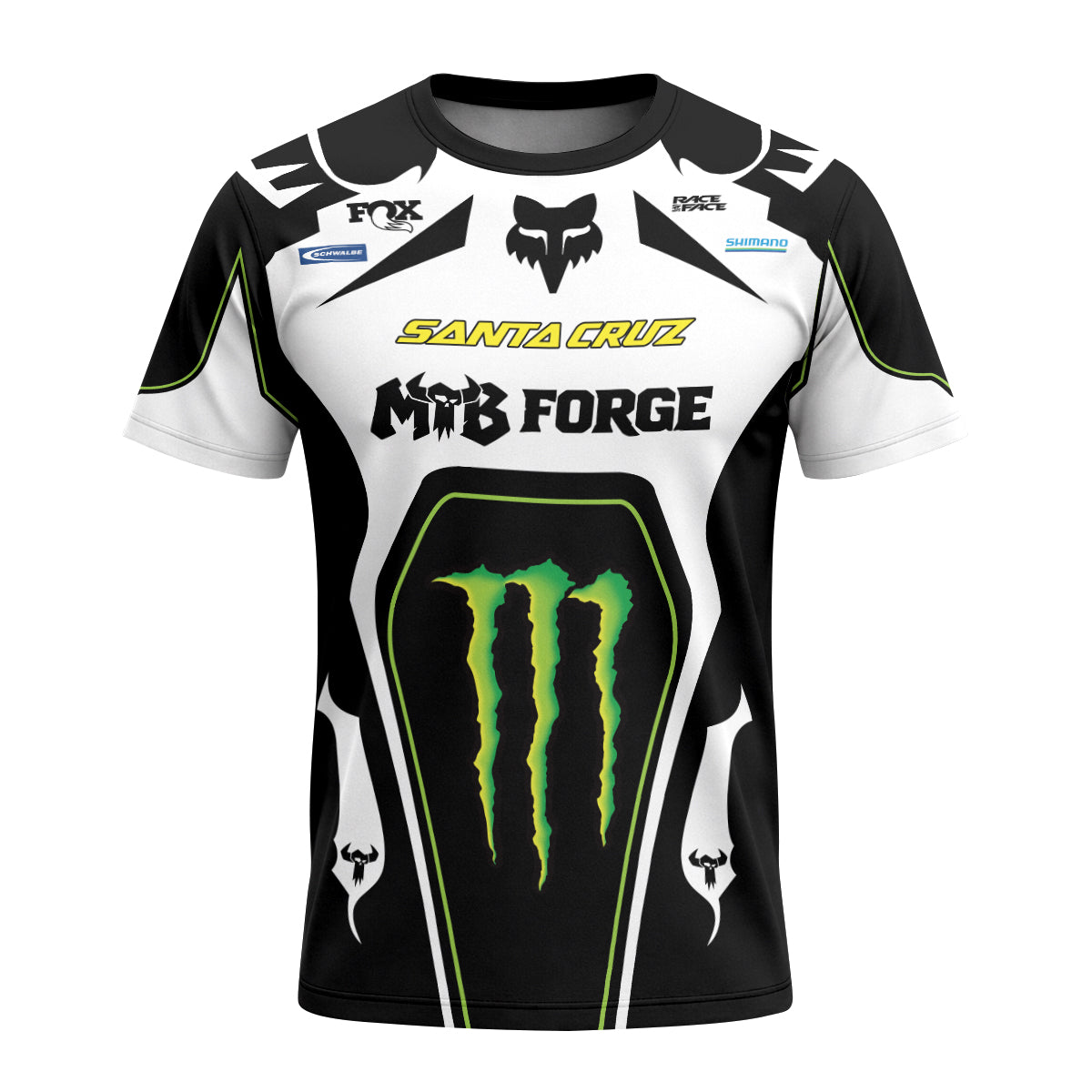Santa Cruz Monster Energy White Black Short Sleeve Mountain Bike Jersey - front view mockup
