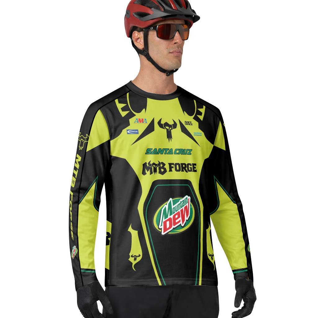 Santa Cruz Mountain Dew Neon Green Black Long Sleeve Mountain Bike Jersey – Lifestyle View