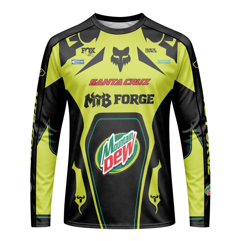 Santa Cruz Mountain Dew Neon Yellow Long Sleeve Mountain Bike Jersey - front view mockup