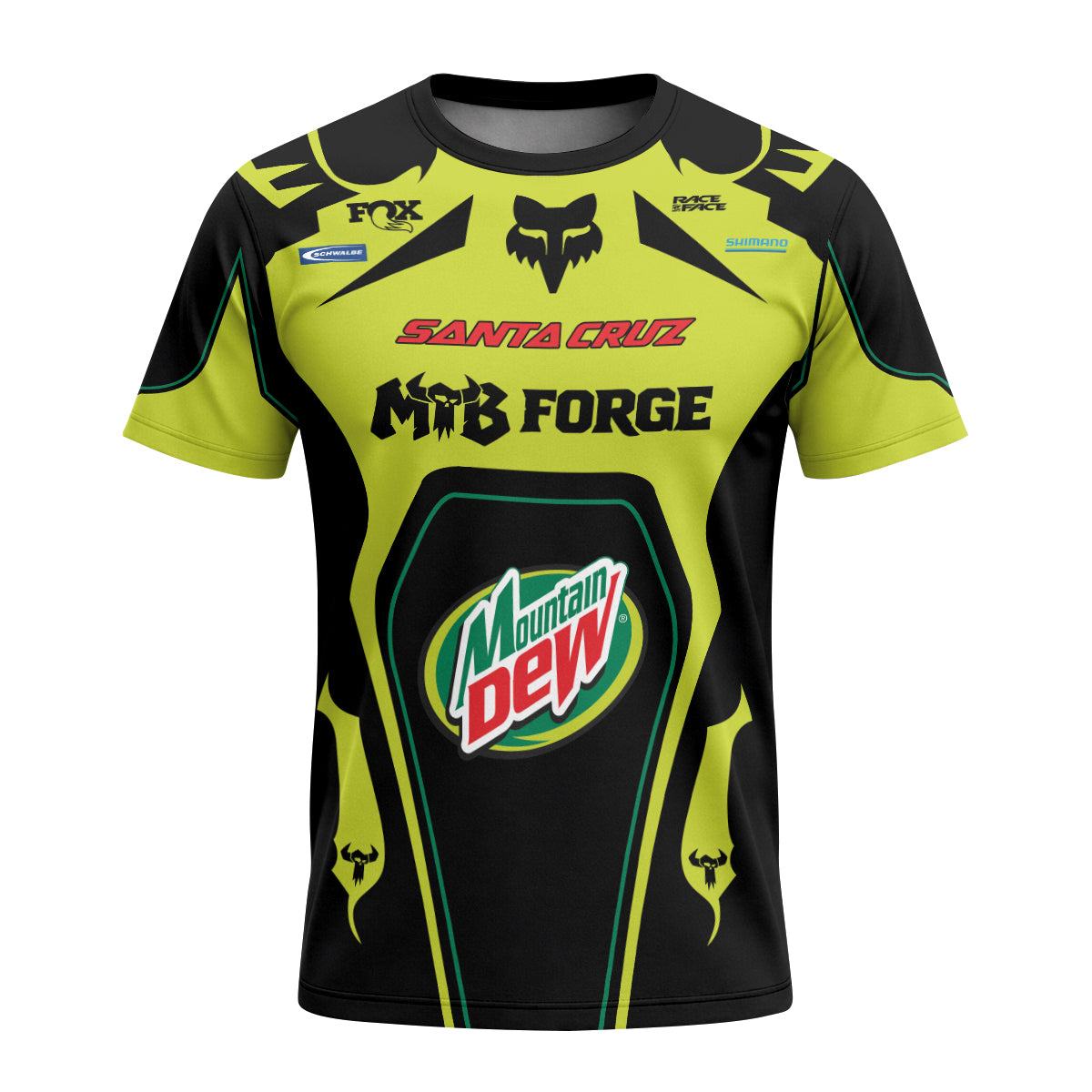 Santa Cruz Mountain Dew Neon Yellow Short Sleeve Mountain Bike Jersey - front view mockup