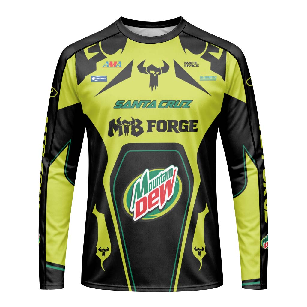 Santa Cruz Mountain Dew Neon Yellow Youth Long Sleeve Mountain Bike Jersey – Front View Mockup