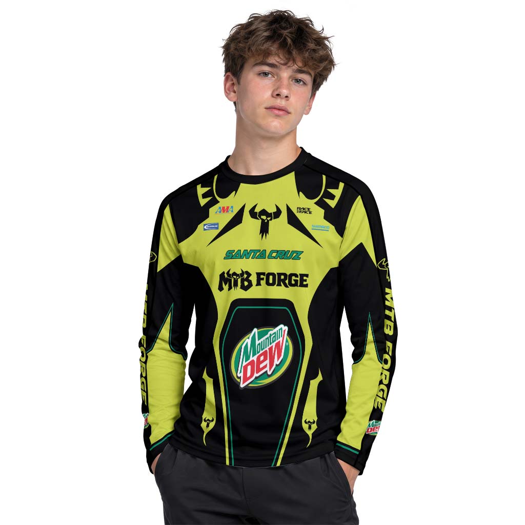 Santa Cruz Mountain Dew Neon Yellow Youth Long Sleeve Mountain Bike Jersey – Boy Lifestyle View