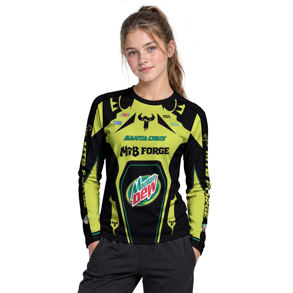 Santa Cruz Mountain Dew Neon Yellow Youth Long Sleeve Mountain Bike Jersey – Girl Lifestyle View
