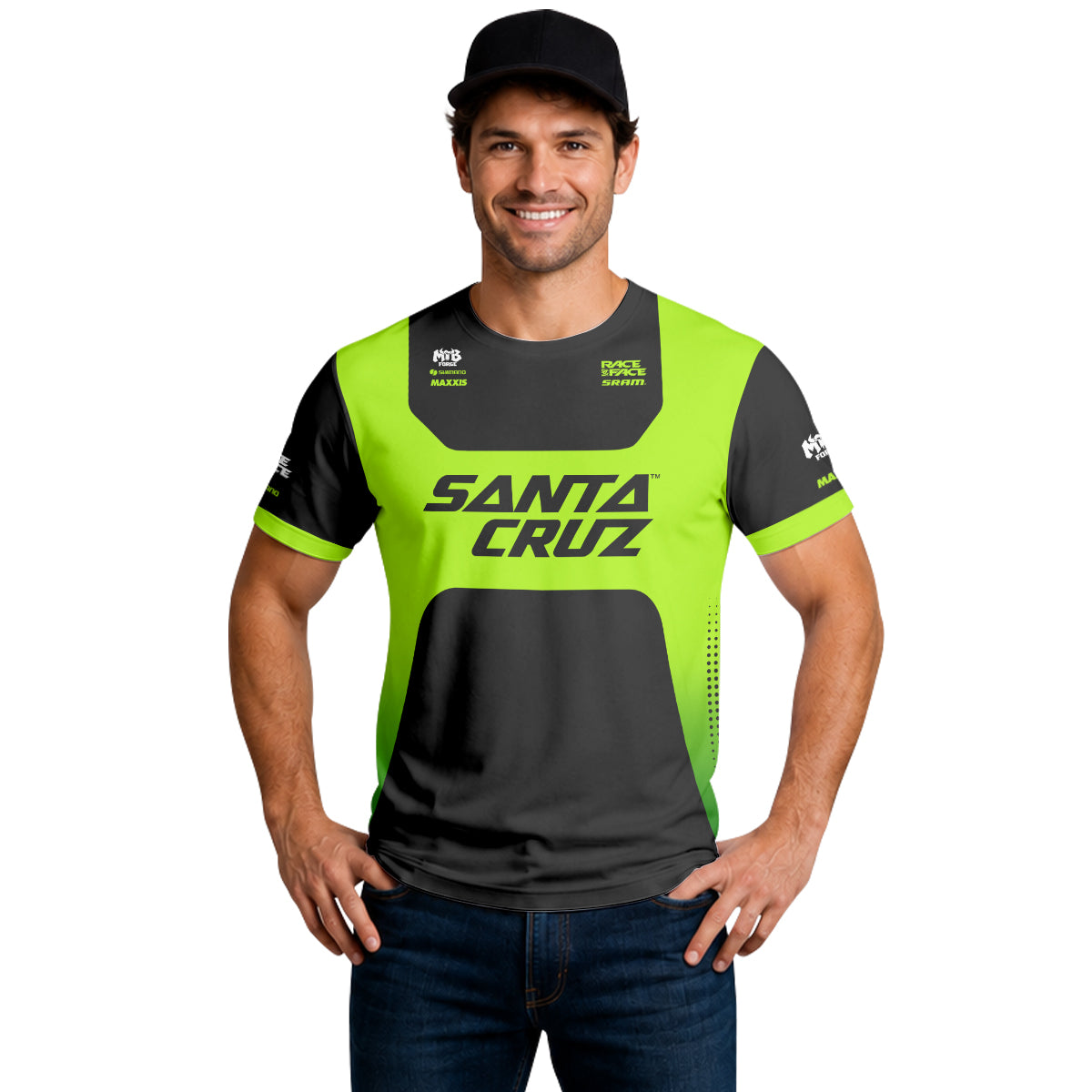 Santa Cruz Neon Green Black Factory Short Sleeve Mountain Bike Jersey – Lifestyle View