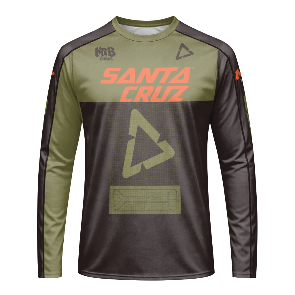 Santa Cruz Olive Black Orange Factory Racing Long Sleeve Mountain Bike Jersey - front view mockup