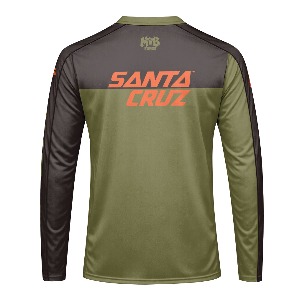 Santa Cruz Olive Black Orange Factory Racing Long Sleeve Mountain Bike Jersey - back view mockup