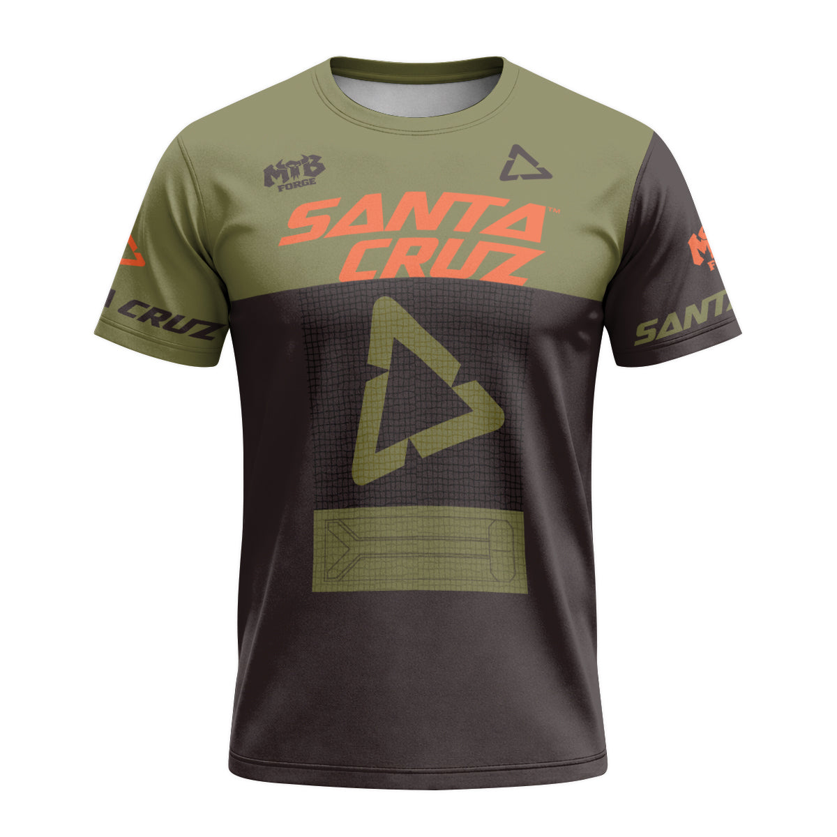 Santa Cruz Olive Black Orange Factory Racing Short Sleeve Mountain Bike Jersey - front view mockup