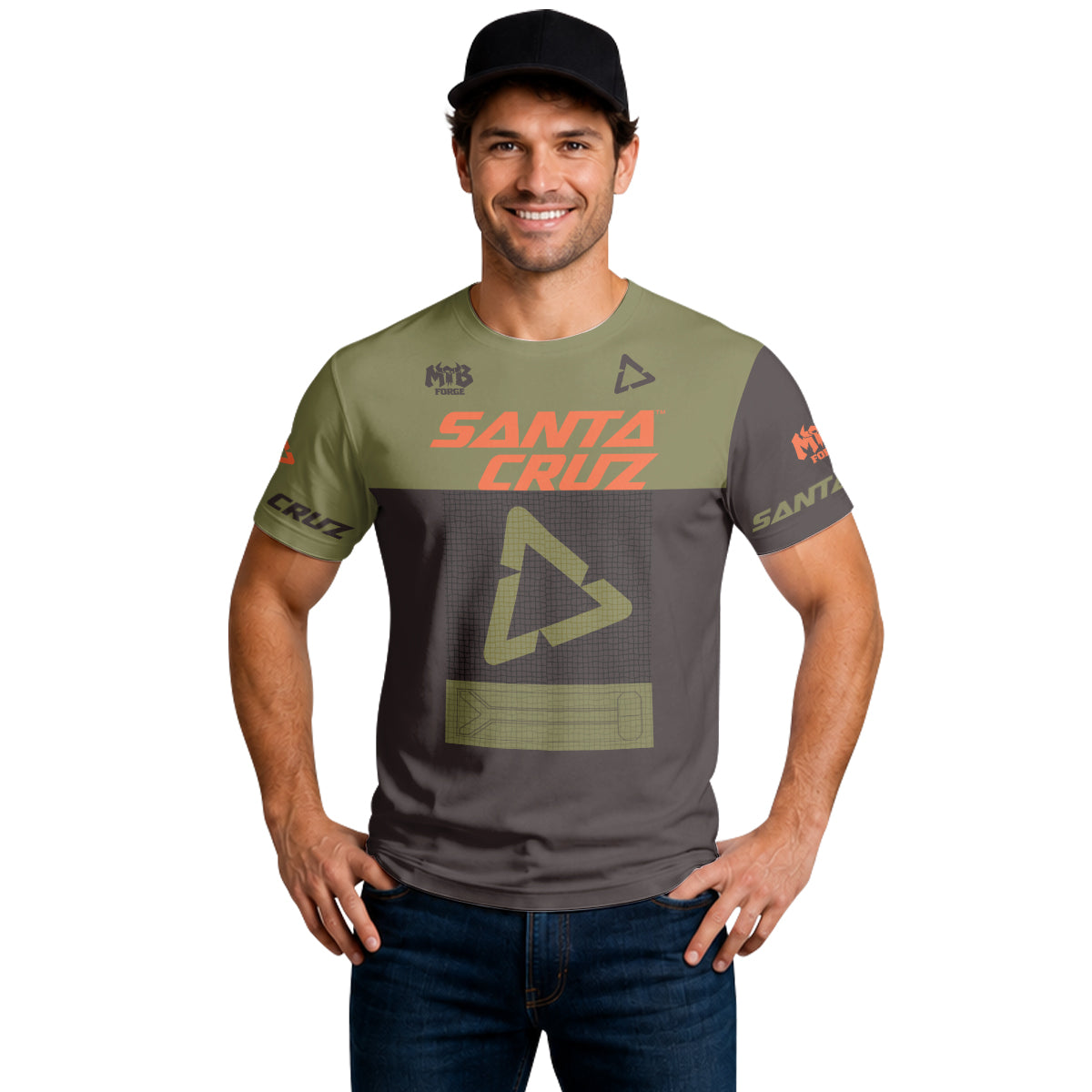 Santa Cruz Olive Black Orange Factory Racing Short Sleeve Mountain Bike Jersey - lifestyle view