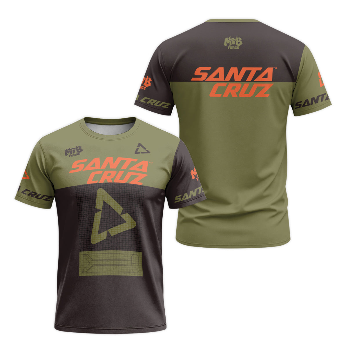 Santa Cruz Olive Black Orange Factory Racing Short Sleeve Mountain Bike Jersey - front and back view