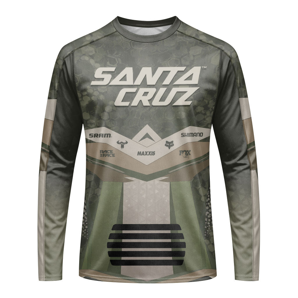 Santa Cruz Olive Camo Long Sleeve Mountain Bike Jersey - front view mockup