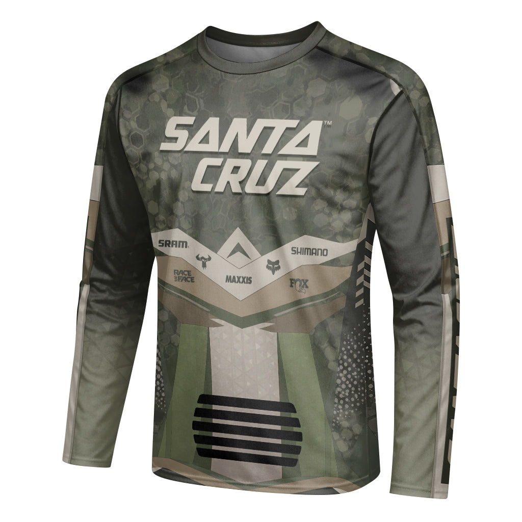 Santa Cruz Olive Camo Long Sleeve Mountain Bike Jersey - left side mockup