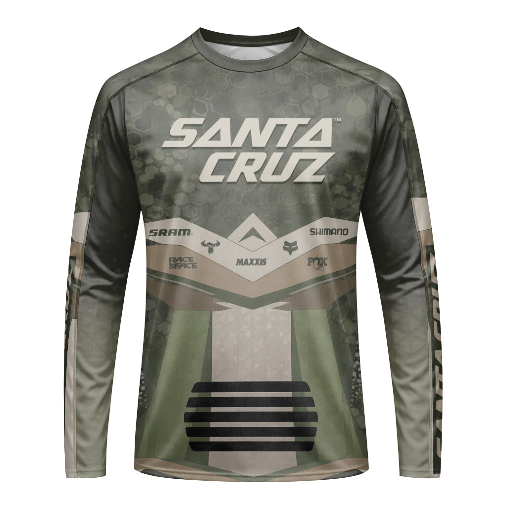 Santa Cruz Olive Camo Youth Long Sleeve Mountain Bike Jersey – Front View Mockup