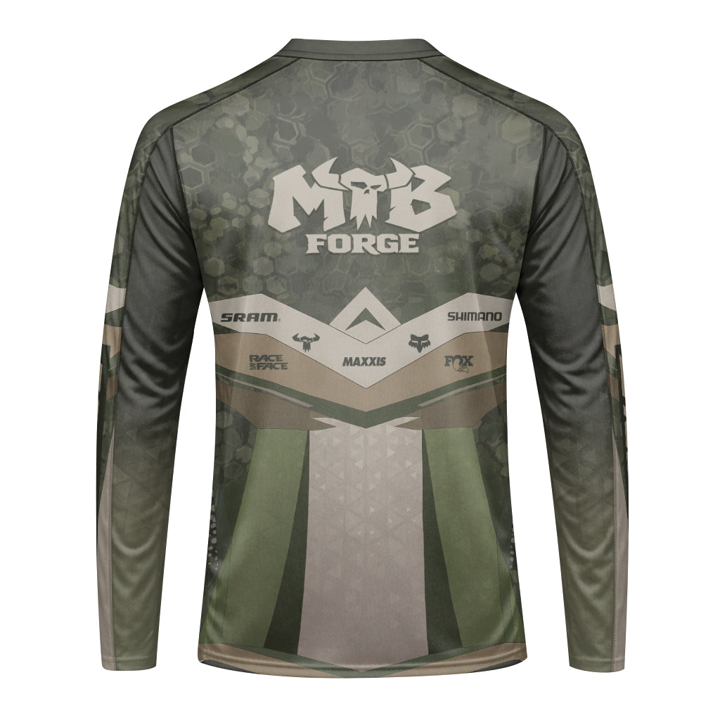 Santa Cruz Olive Camo Youth Long Sleeve Mountain Bike Jersey – Back View Mockup