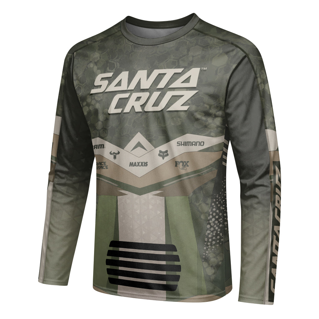 Santa Cruz Olive Camo Youth Long Sleeve Mountain Bike Jersey – Left Side View Mockup