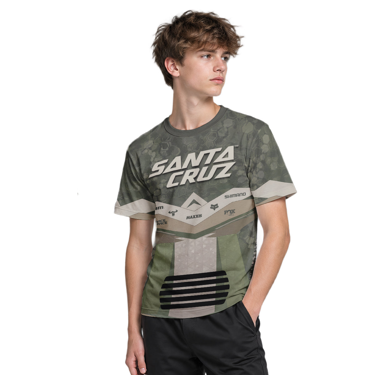 Santa Cruz Olive Camo Youth Short Sleeve Mountain Bike Jersey – Boy Lifestyle View