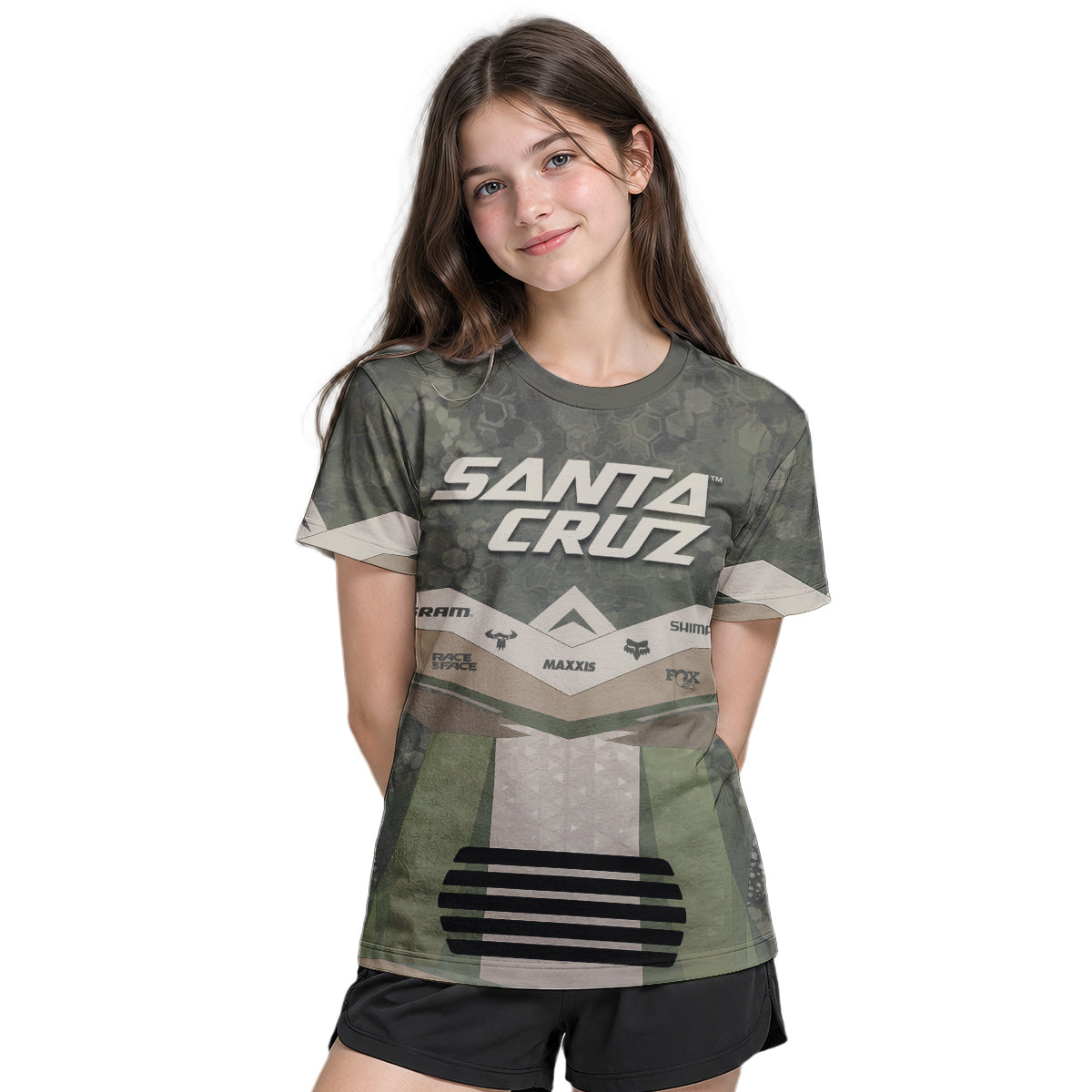 Santa Cruz Olive Camo Youth Short Sleeve Mountain Bike Jersey – Girl Lifestyle View