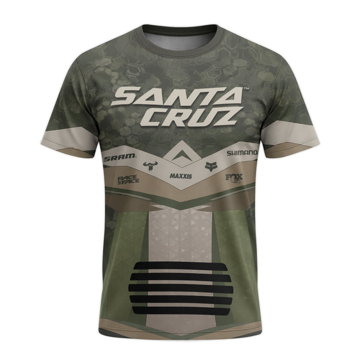 Santa Cruz Olive Camo Youth Short Sleeve Mountain Bike Jersey – Front View Mockup