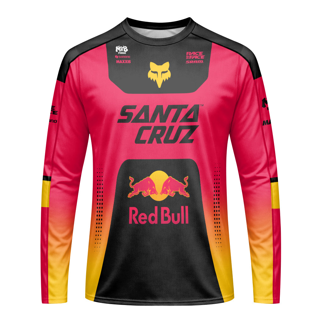Santa Cruz Red Bull Red Black Factory Long Sleeve Mountain Bike Jersey - front view mockup