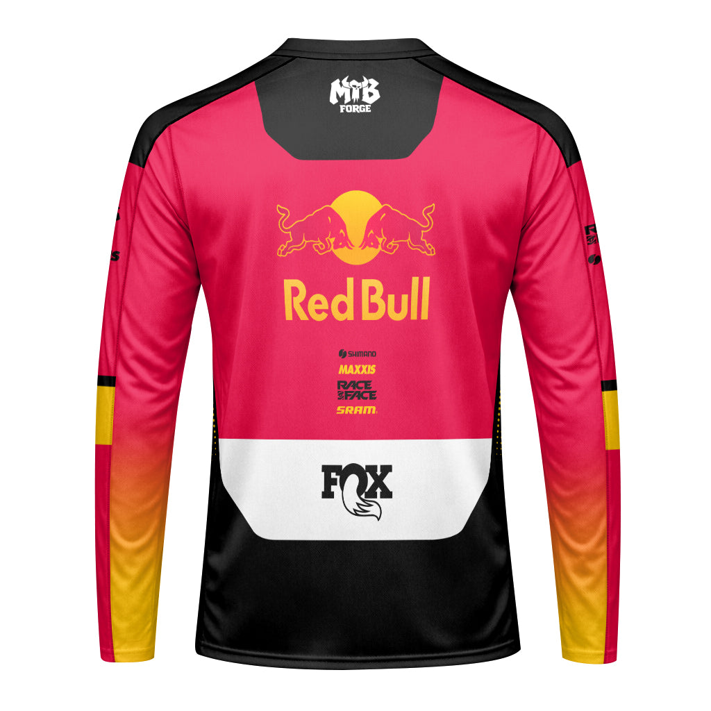 Santa Cruz Red Bull Red Black Factory Long Sleeve Mountain Bike Jersey - front view mockup